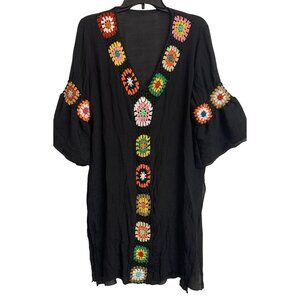 Women's Coastal Crochet Bell Sleeve Midi Dress Cover-Up Semi-Sheer Lightweight